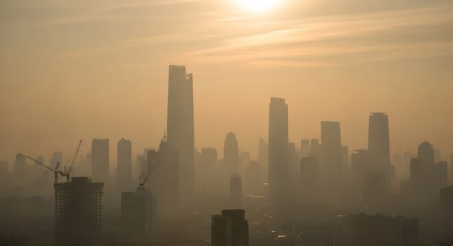City Skyline Silhouetted by Hazy Sunrise Air Pollution