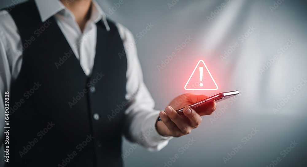 Poster a businessman holding a smartphone displaying a glowing red warning alert symbol with an exclamation