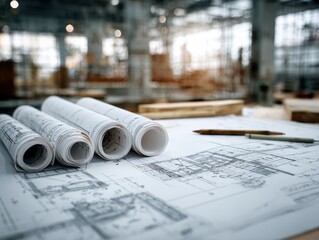 Architectural blueprints rolled and laid out on a table in a construction site.