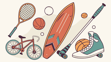 Collection of diverse sports equipment for outdoor activities, fitness, and healthy lifestyle. Recreation, hobbies, and summer fun.