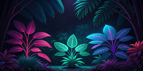 Vibrant neon jungle plants illuminated by bioluminescent glow in dark forest