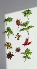Beautifully arranged aromatic spices and fresh green herbs for gourmet cooking. A high-angle flat lay showcasing natural ingredients for healthy recipes.