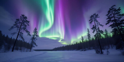 Naklejka premium Vibrant Aurora Borealis Over Snowy Landscape and Pine Trees
