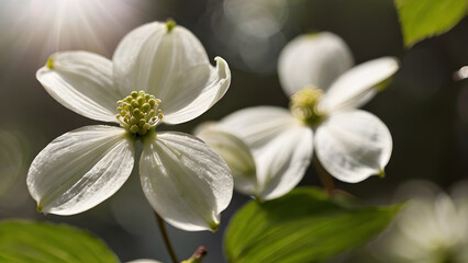 Glowing White Dogwood Flowers with a Sunburst Effect
