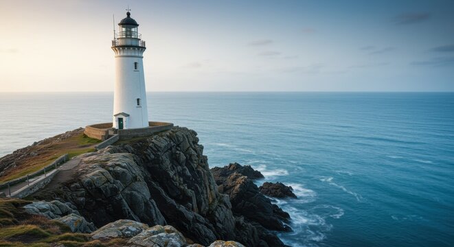 Lighthouse guiding ships at dusk coastal cliff photography serene ocean aerial view maritime safety