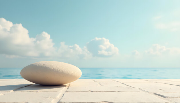 A smooth white stone rests peacefully on a tiled surface, overlooking the ocean.