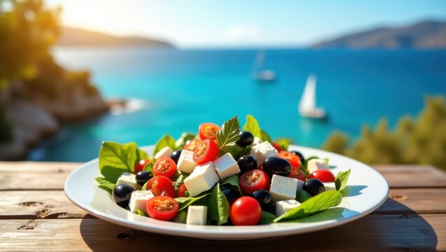 Una ensalada griega vibrante y apetitosa con queso feta blanco desmenuzado, aceitunas Kalamata regordetas y tomates rojos jugosos