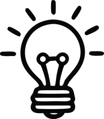 Simple hand drawn outline of a light bulb illuminating with radiant lines symbolizing new ideas and innovation