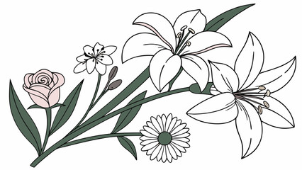 Beautiful floral arrangement with rose lily and daisy flowers illustration. Elegant spring summer garden bloom design element.