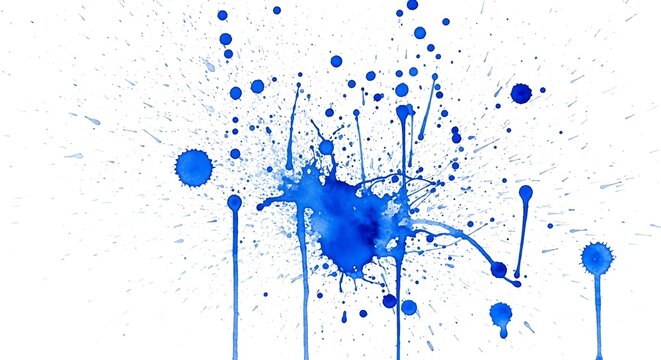 Cobalt Blue Ink Splatter with Radial Spray and Dripping Trails on White Background