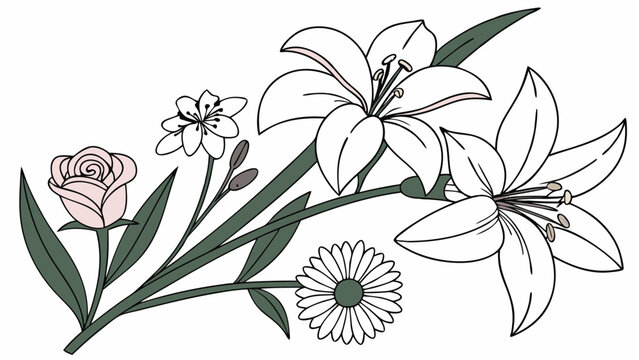 Beautiful floral arrangement with rose lily and daisy flowers illustration. Elegant spring summer garden bloom design element. - Powered by Adobe