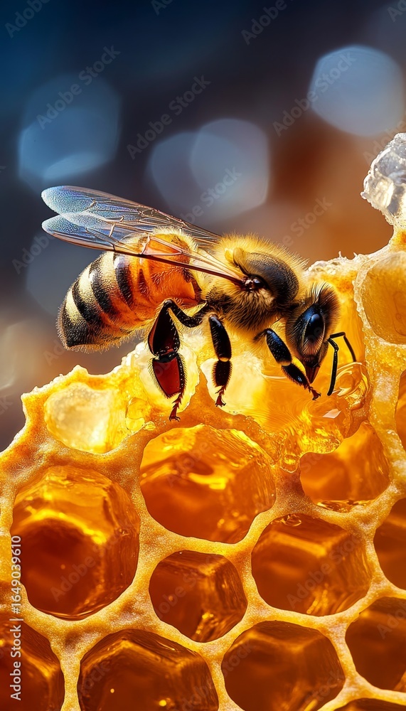 Aufkleber macro shot of bees working in hexagonal honeycomb structure filled with amber colored honey drops