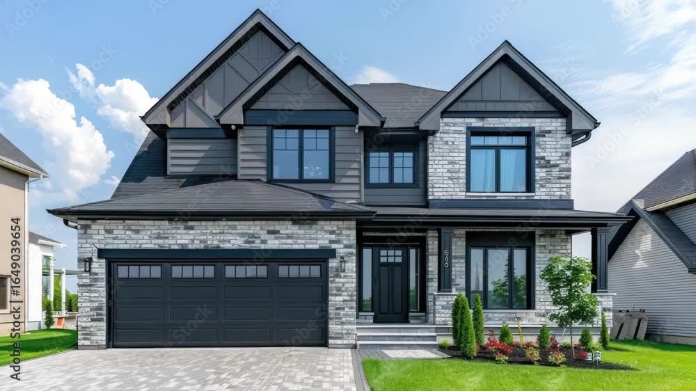 Poster a residential property with a double-level structure and a spacious parking area