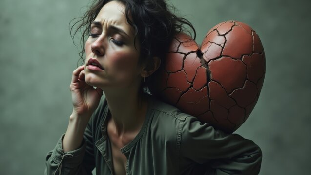 Arte conceptual de una mujer que lleva un pesado coraz&oacute;n de piedra, visualizando el dolor, el sufrimiento emocional y el peso invisible de la p&eacute;rdida