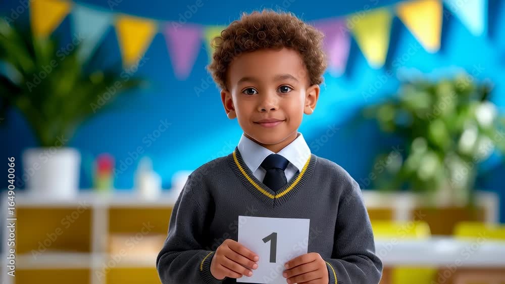 Poster child proudly displays first report card while smiling in vibrant classroom full of decorations. bri