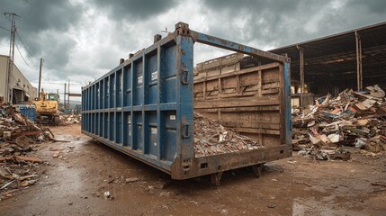 Obraz premium Metal Recycling Container: Discarded metal, industrial setting with overcast skies. Scrap metal for recycling lies in open container.