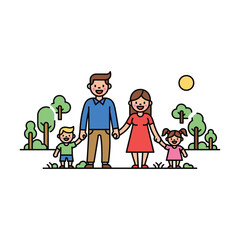 Illustration of a happy young family with two children on a sunny day in the park. Parents and kids holding hands, a concept of love and unity.