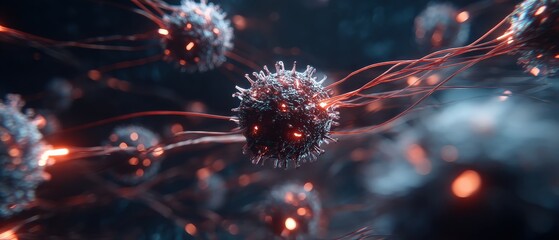 A detailed, abstract representation of glowing cellular structures with intricate fibers, showcasing a vibrant, digital design.