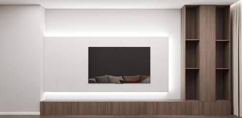 Minimalist living room design with wall-mounted TV, backlit panel, wooden shelves, and base cabinets, blending modern elegance with warm natural tones
