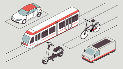 Various transportation modes car train bicycle scooter delivery van Urban city mobility logistics solutions
