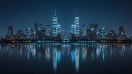 Nighttime cityscape with illuminated skyscrapers reflected in calm water