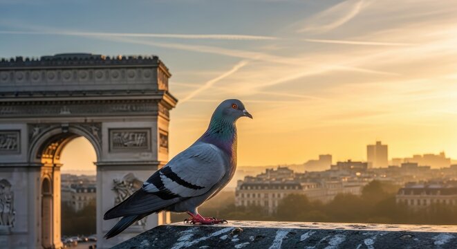 A pigeon perches on a ledge overlooking the Arc de Triomphe and the Paris skyline at sunrise.