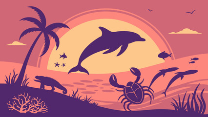 Beautiful tropical beach sunset with jumping dolphin, crab, fish, and palm tree silhouettes Ocean marine life nature