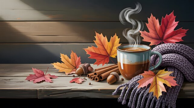 Cozy Autumn Scene with Steaming Coffee, Leaves, Acorns, and Cinnamon Sticks - Powered by Adobe