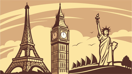 Obraz premium World famous landmarks travel concept. Iconic global architecture, tourism, vintage style. Paris, London, New York, Sydney.