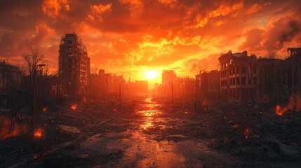 Post-Apocalyptic Cityscape at Sunset: A Fiery Ruin