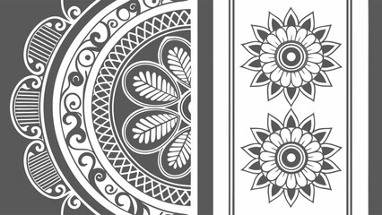 Elegant black and white mandala pattern and floral ornaments. Abstract decorative design for backgrounds, textiles, and prints.