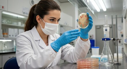 Laboratory research by scientist microbiology lab image of petri dish experiment clean environment close-up view science discovery