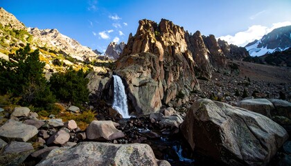 Mountain waterfall cascading down rocky cliffs