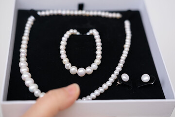 Pearl jewelry set, bracelet, stud earrings in white gift box, elegance pearl accessories,...