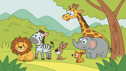 Obraz premium Cute cartoon safari animals group. Friendly wild animal illustration with lion, zebra, elephant, giraffe, rabbit, squirrel.