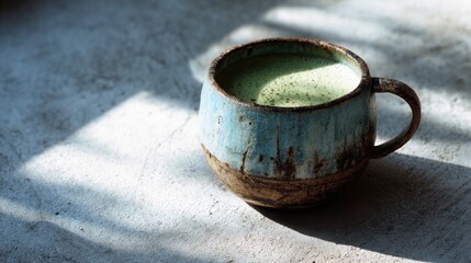 A rustic cup filled with green beverage sits on a textured surface, illuminated by soft light, creating a serene and inviting atmosphere.