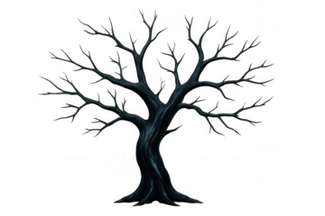 Illustration of a spooky dark twisted bare tree with transparent background, perfect for halloween projects or any design needing a touch of eerie atmosphere