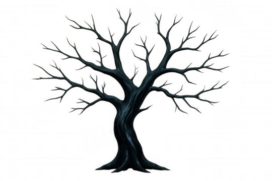 Illustration of a spooky dark twisted bare tree with transparent background, perfect for halloween projects or any design needing a touch of eerie atmosphere