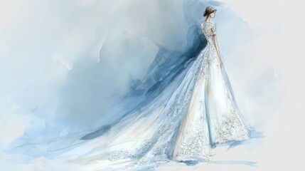 A delicate fashion illustration of a woman in a flowing white gown, showcasing intricate lace details against a soft blue backdrop.