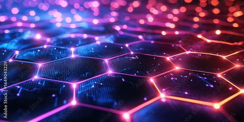 Wall mural abstract technology background with hexagonal grid and neon glow stock photo