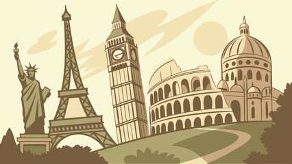 Vintage travel illustration with famous world landmarks. Global tourism and iconic international destinations.