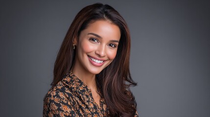 Fototapeta premium Radiant woman with a warm smile, styled with long, flowing hair and a patterned blouse, captured in a portrait against a neutral backdrop.