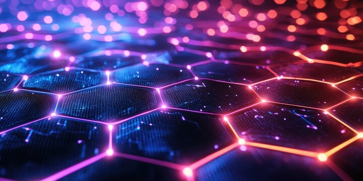 Abstract technology background with hexagonal grid and neon glow Stock photo - Powered by Adobe