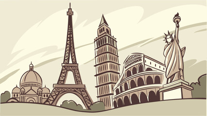 Obraz premium Iconic world landmarks panorama for international travel and tourism. Famous monuments like Eiffel Tower, Colosseum, Statue of Liberty.