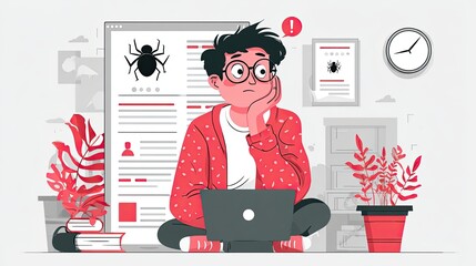 Stressed young man with computer facing cybersecurity threat and online scam alert, worried about website issues and data protection