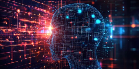 AI visualization with human head silhouette and digital brain circuits Stock photo