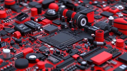 Fototapeta premium Abstract Red and Black Circuit Board: A 3D Render of Technological Components