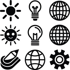 Collection of simple black icons representing energy ideas global concepts and creative tools for digital design