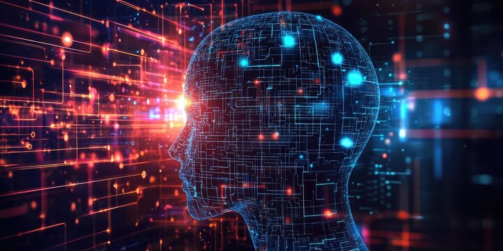 AI visualization with human head silhouette and digital brain circuits Stock photo