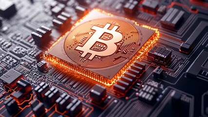 A close-up view of advanced hardware featuring a glowing bitcoin symbol on a detailed circuit board